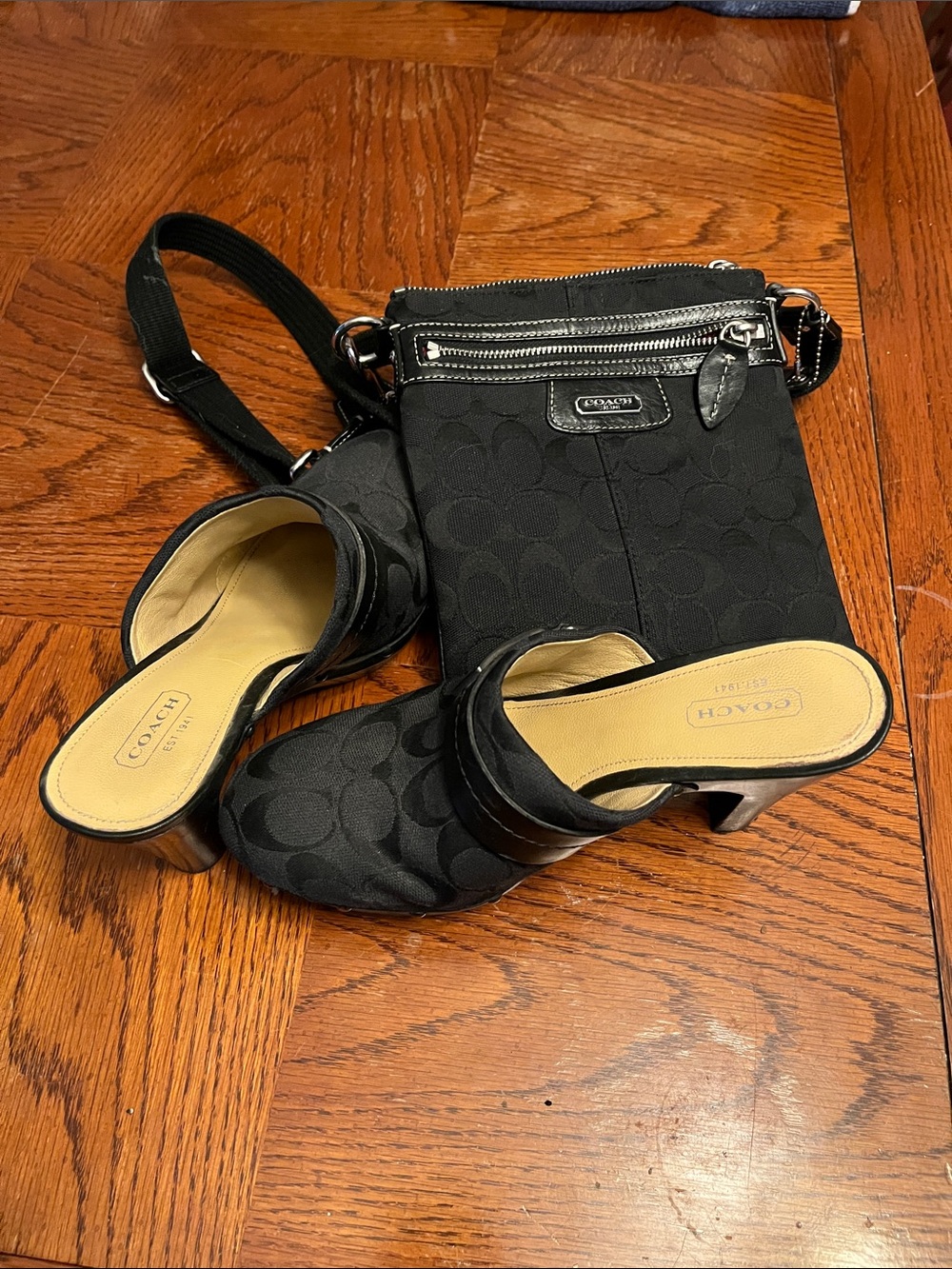 Coach Black Signature Logo Mule Heels with Matching Crossbody Bag
